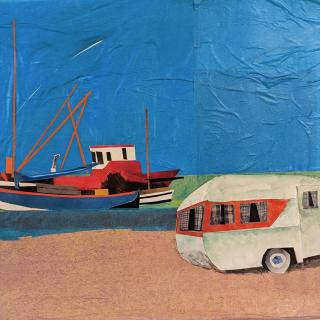 Mixed media painting of a red, white and dark blue boat with a trailer in front of it on the shoreline.