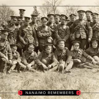 Group photo of WW1 soldiers with text that reads Nanaimo Remembers