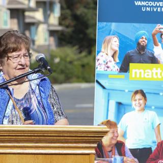 VIU Elder-in-Residence Stella Erasmus Johnson gives the welcome for the event. 