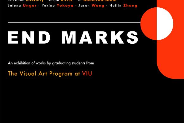 A yellow, orange and red line descend from the top right corner over a black background on exhibit poster for End Marks