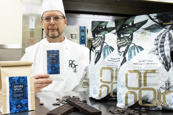 VIU Baking Instructor Ken Harper displays the new exclusive VIU chocolate product, known as Spindle Whorl.