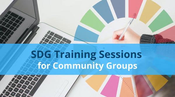 Graphic of laptop and colour wheel with the text, SDG Training Sessions for Community Groups.