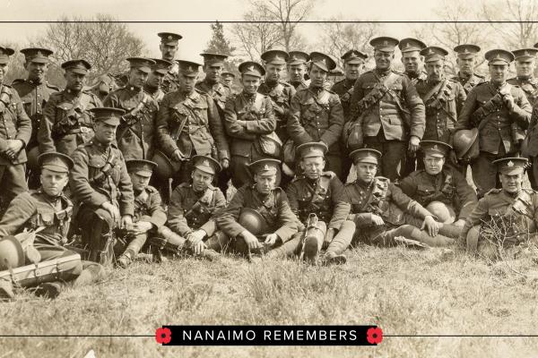 Group photo of soldiers with Nanaimo Remembers in text beneath