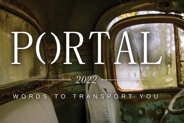 An interior of a vehicle with the top of the driver and passenger sears visible. Text across the image says Portal 2022 Words to Transport You.