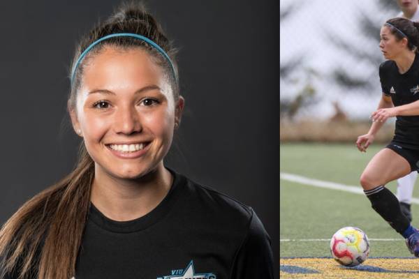 Split screen shot of Shea Battie smiling for a profile photo on the left, and in action on the turf on the right