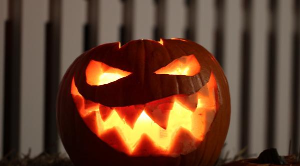 A jack-o-lantern lit up