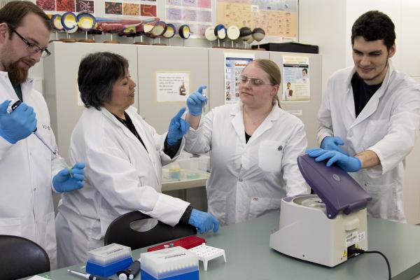 :  From left, Scott Britney, Dr. Mercedes Hernandez, Nicolen Johnson and Andre Gauvin have been conducting antibiotic-resistant gene research to determine how common they are in urban environments. (Please note that this photo was taken prior to the COVID