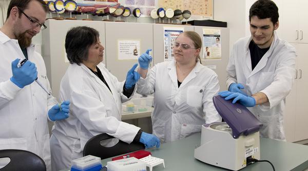 :  From left, Scott Britney, Dr. Mercedes Hernandez, Nicolen Johnson and Andre Gauvin have been conducting antibiotic-resistant gene research to determine how common they are in urban environments. (Please note that this photo was taken prior to the COVID