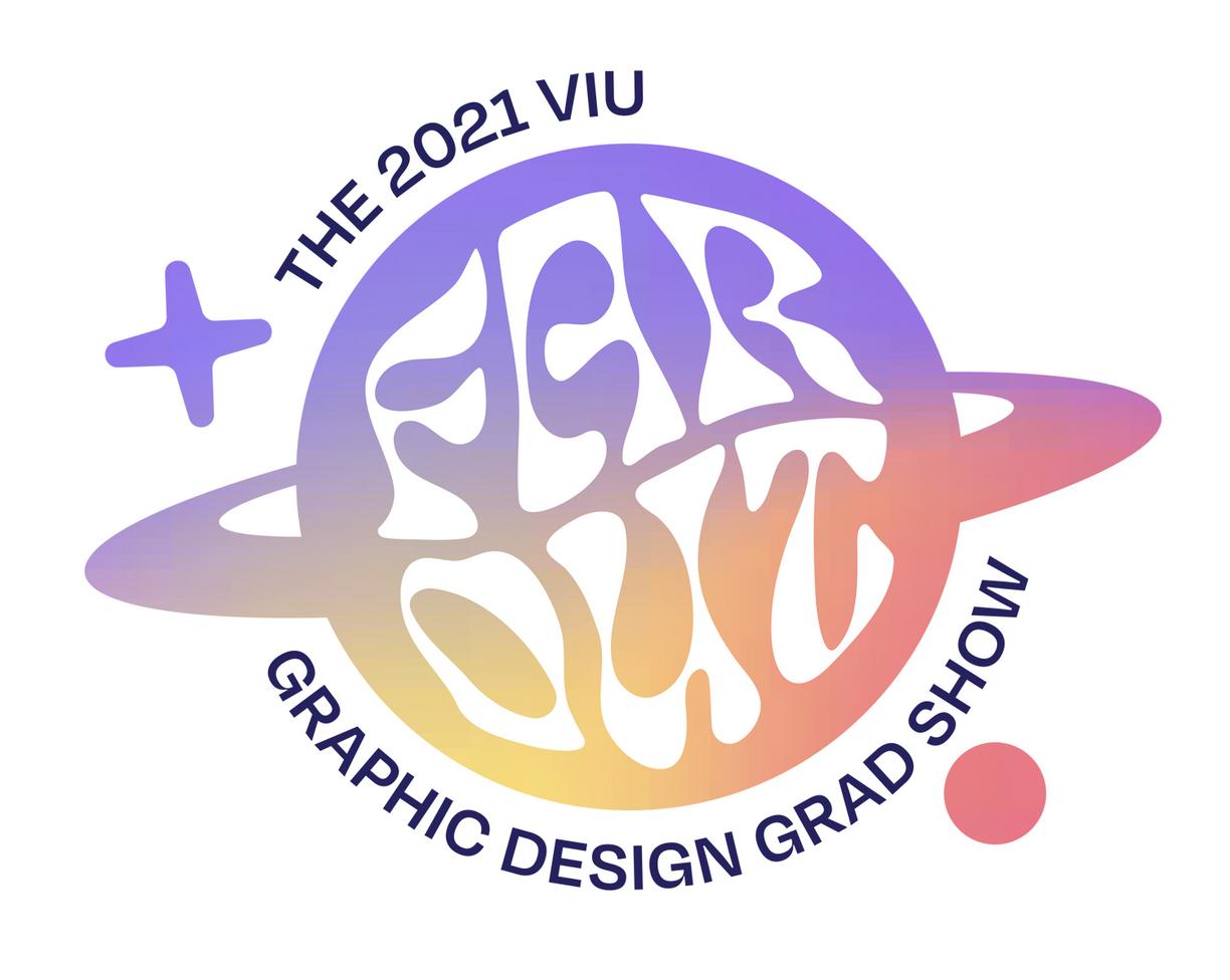 Graphic Design logo in purple and orange that reads: Far Out The 2021 VIU Graphic Design Grad Show