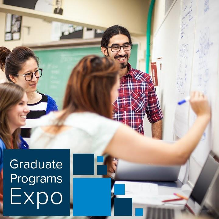 Students collaborating at a white board with Graduate Programs Expo written on the side