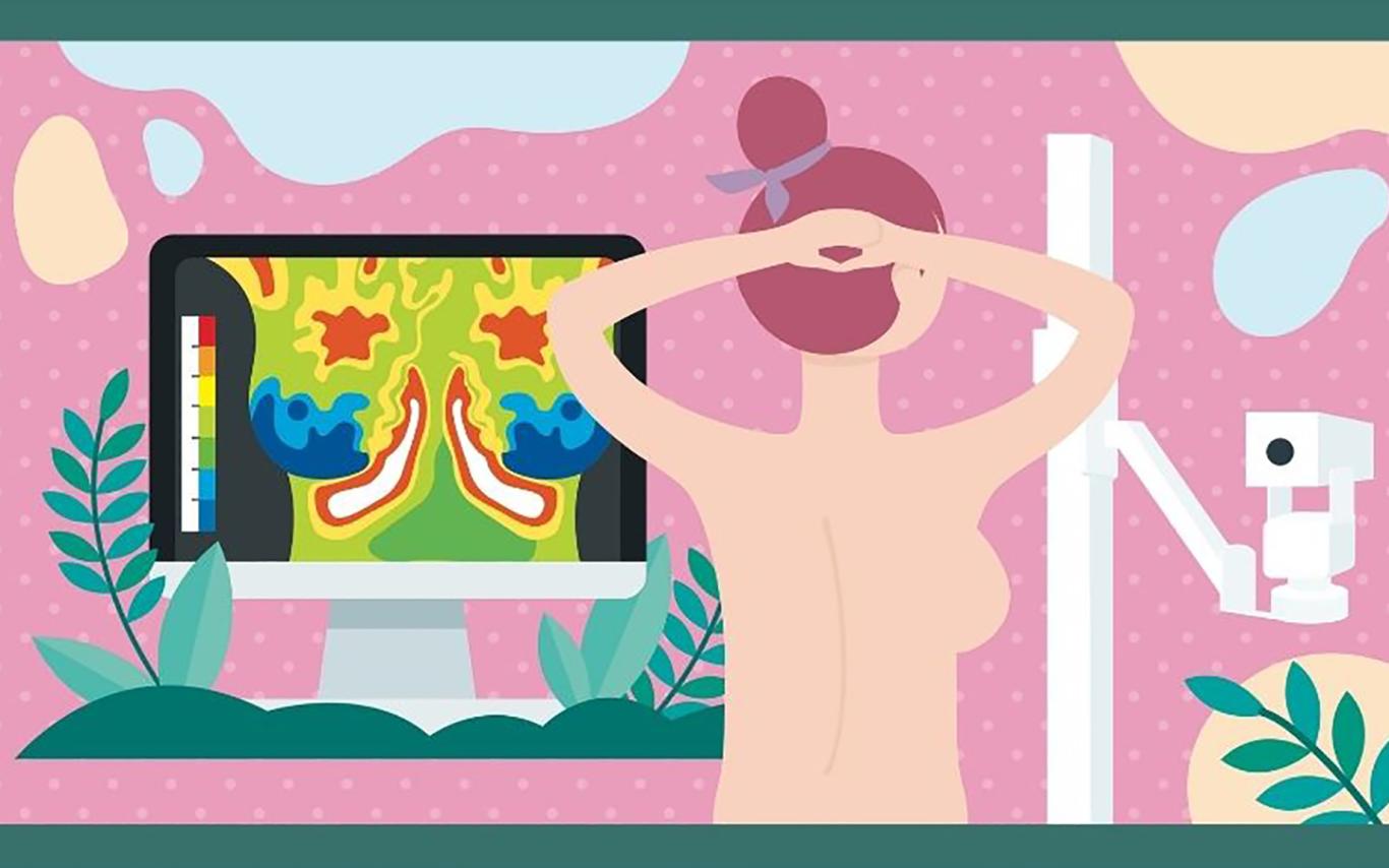 Graphic illustration of a woman getting a mammogram